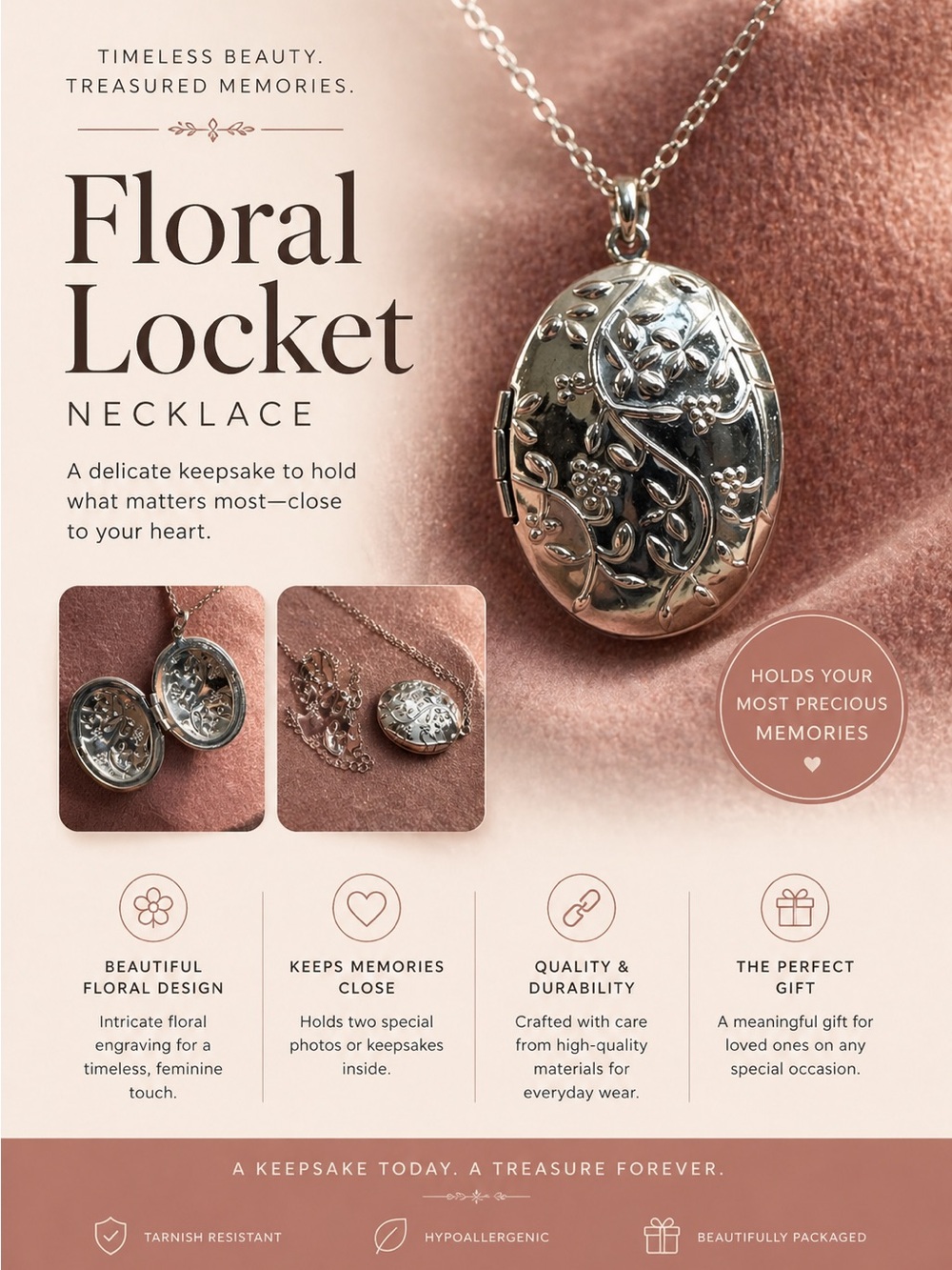 Silver Floral Locket Necklace - Elegant Keepsake Pendant